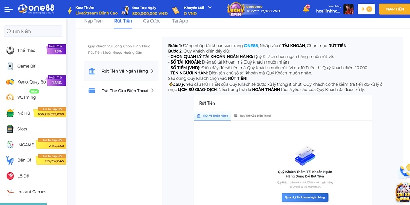 Hướng dẫn chi tiết khi rút tiền tại ONE88