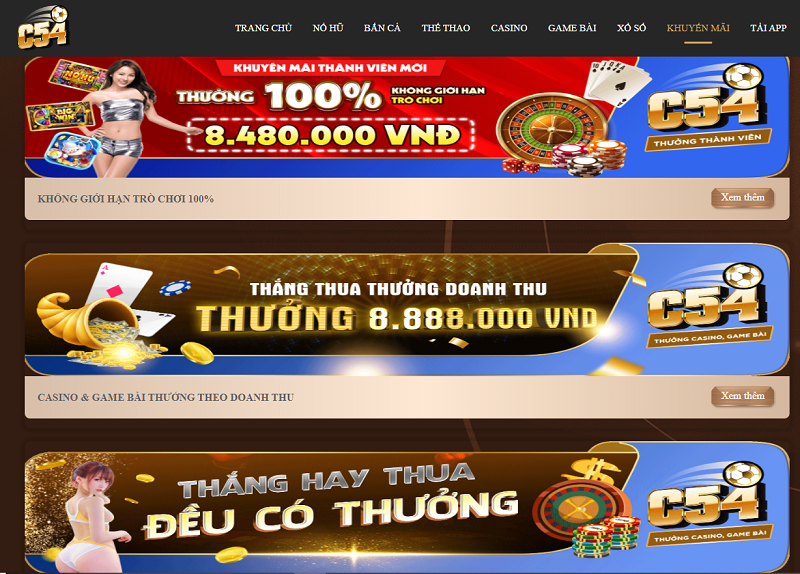 Khuyến mãi C54 nạp đầu tại Casino